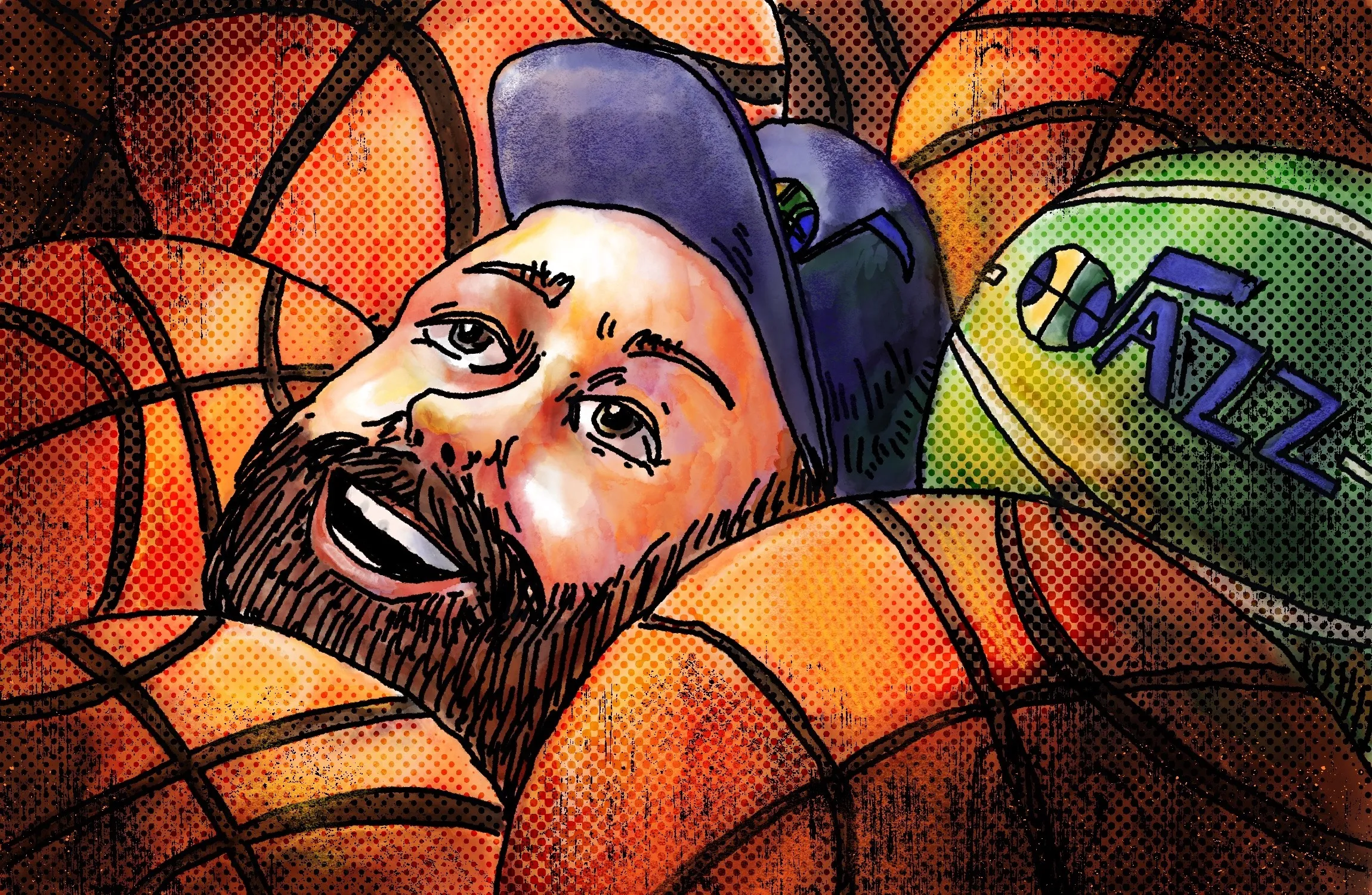 An illustration of Mike Brown's head in a Jazz hat amidst a sea of basketballs.