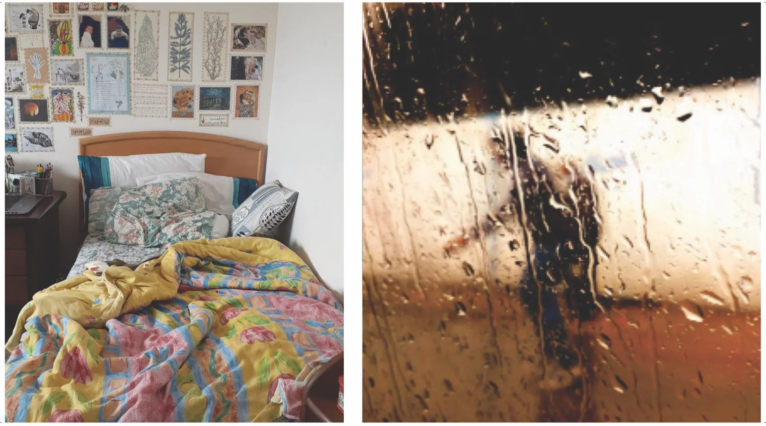 Left side: a photo of an unmade bed with a collection of art on the wall behind it. Right side: a photo of a person walking viewed through a rain-streaked window.