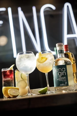 Photo of two gin cocktails in front of a neon "FINCA" sign. Photo: John Taylor