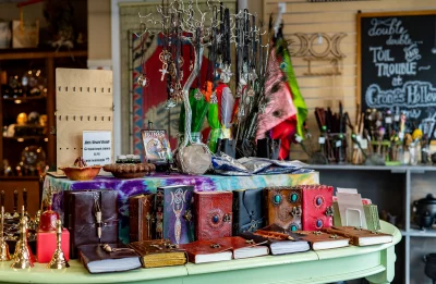 Journals and necklaces on display at Crones Hollow.