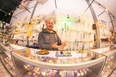 A wall of fine glassware for any shopper to enjoy, as Evan Ballance showcases his best pieces.