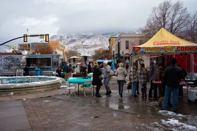 Ogden Union Station filled with food trucks and patrons.