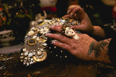 A headband made of vintage brooches and gemstones.