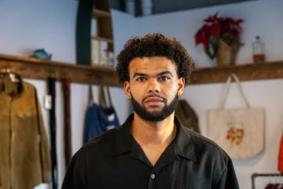 Stewart-Johnson in a clothing store.