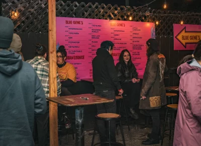 Peformers mingled on the smoking patio at Urban Lounge.