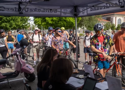 Cyclists check in at the 12th Annual Alley Cat hosted by SLUG Magazine. Photo: John Barkiple.