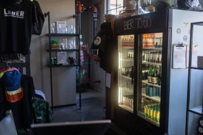 The to-go fridge at a local brewery.