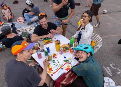 (L-R) Alaya, Eric, Hong Yen and Leah keep it crafty while waiting to hear who won the race. Photo: John Barkiple.