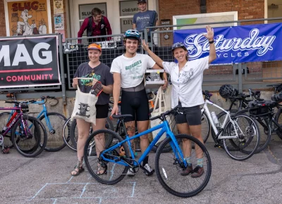 Alaya, SLUG Cat overall winner Squanchypapi and Lucy (standing in for Katie who had to leave) took third, first and second (respectively) in the non-binary category. Photo: John Barkiple.