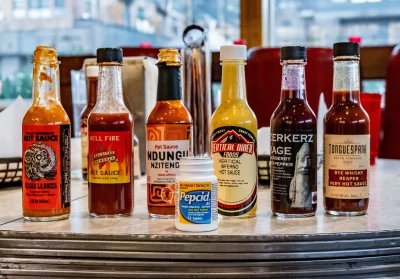 A lineup of the local hot sauces sampled.