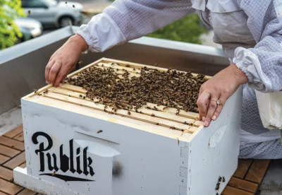 Mckay Opeifa's hands reaching for beetray labeled with "Publik" of Publik Kitchen