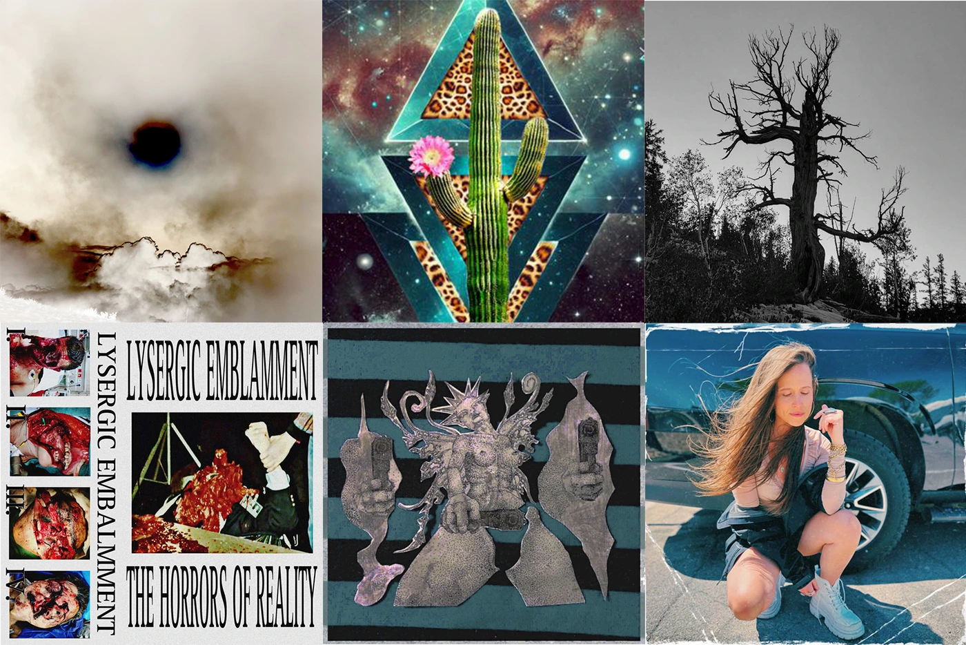 A composite photo of album art by Bonegetter, Chac Xol, Gracemaker, Lysergic Embalmment, Vape Plug and Violet Helm