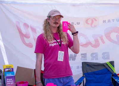 Daniel Allenbach is pretty in pink for Planned Parenthood. Photo: Brayden Salisbury.