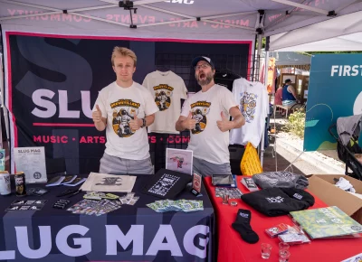 Brand Ambassadors Dustin and Garrian rockin' the SLUG booth at Brewstillery. Photo: Brayden Salisbury.