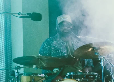 DJ Johnson shrouded in smoke.