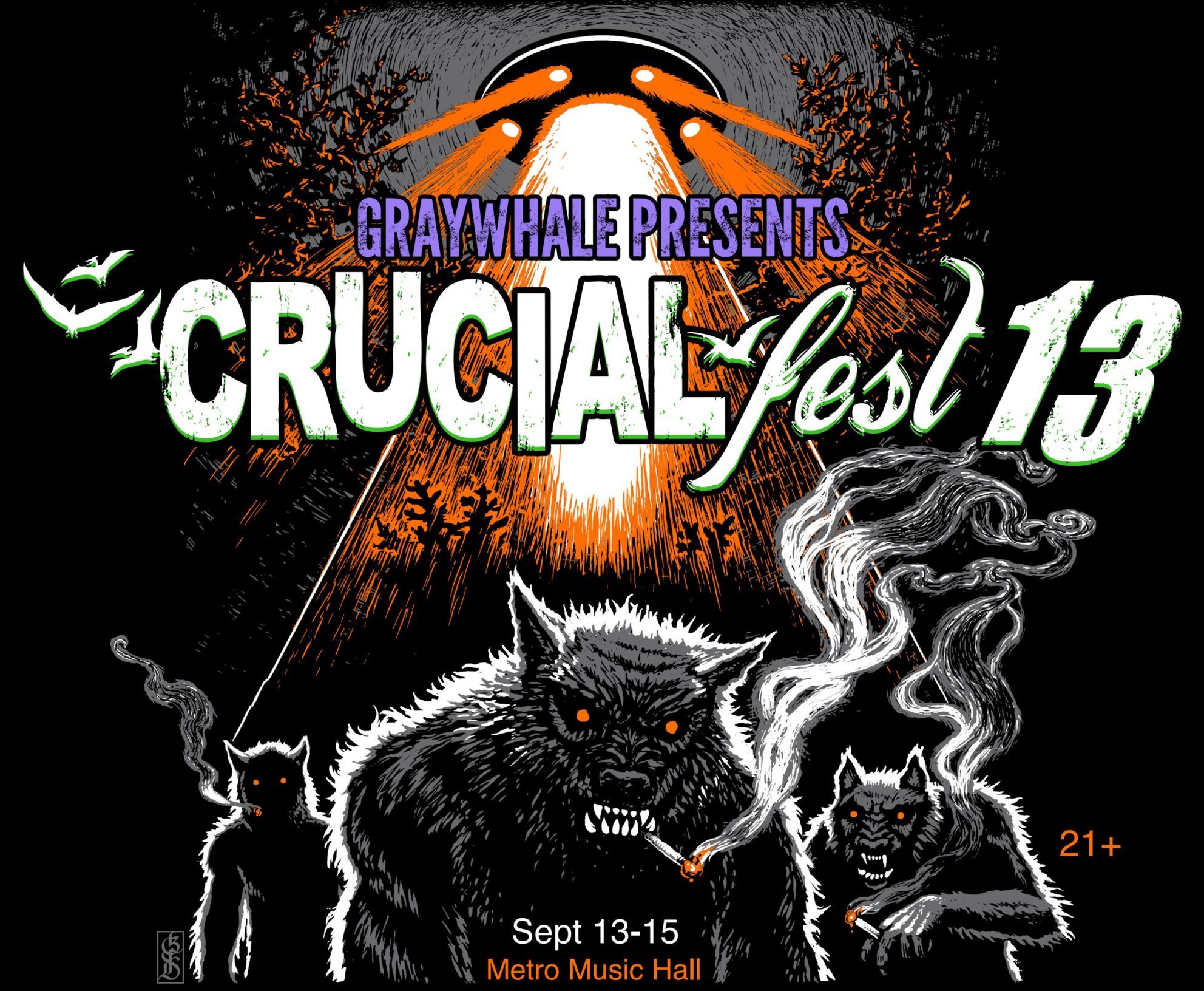 An illustration of wolves smoking cigarettes being abducted by aliens with the Crucialfest logo.