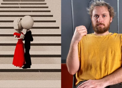 A composite image of an animated still of two faceless people embracing on a staircase. The other is a portrait of Jordan Micheal Blake.