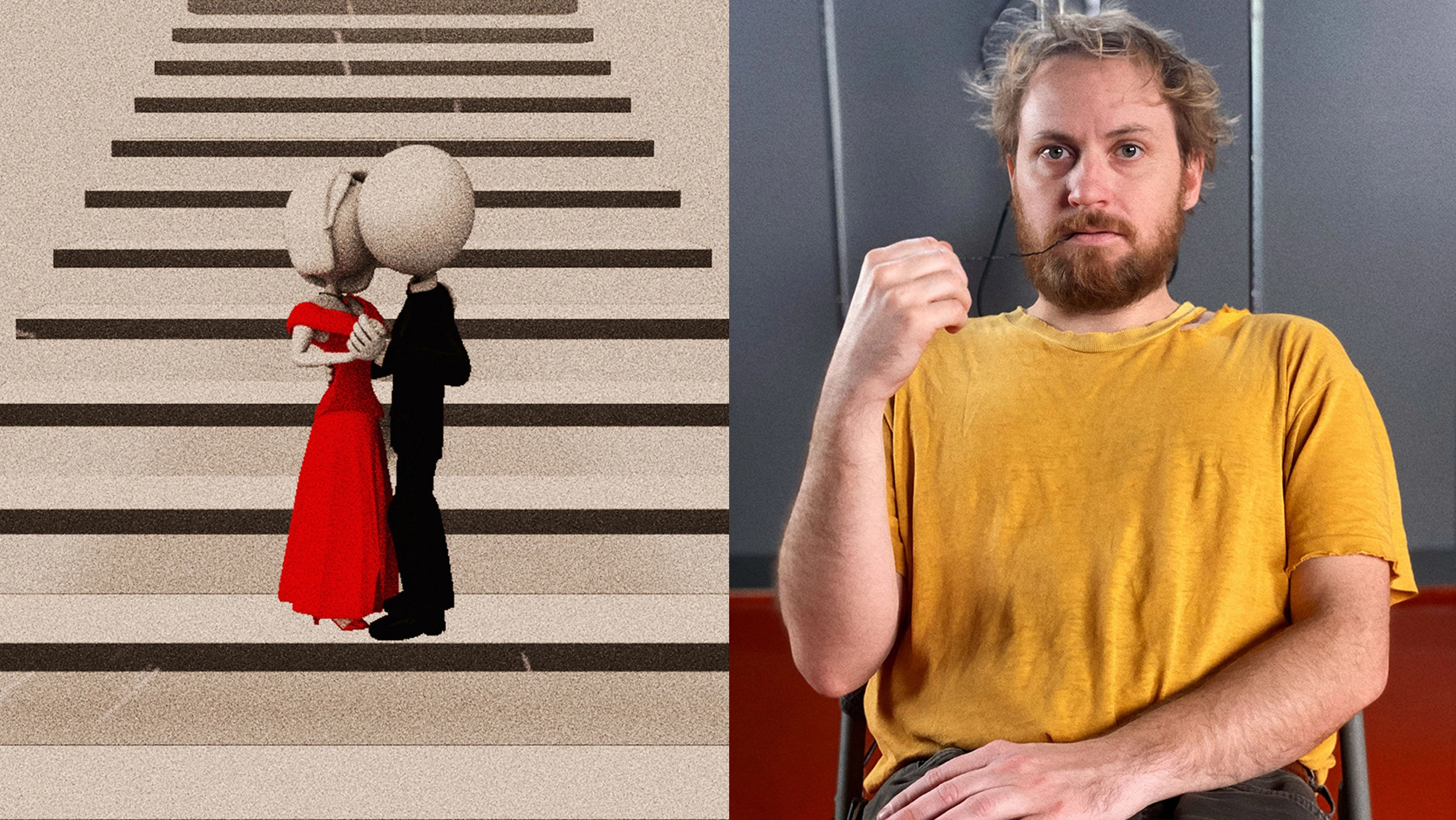 A composite image of an animated still of two faceless people embracing on a staircase. The other is a portrait of Jordan Micheal Blake.