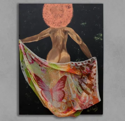 A painting of a nude woman holding a piece of fabric with butterflies that drapes over her backside.
