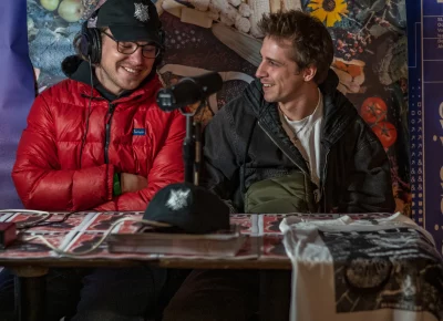 Anniversary party artist Knwday being interviewed before their set.