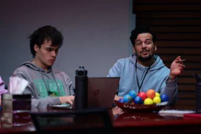 Jaden Richards (left) and Pedro Flores (right) appear in The Antipodes. Photo courtesy of Voodoo Theatre Company.