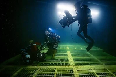 Simu Liu and Ian Seabrook filming underwater.
