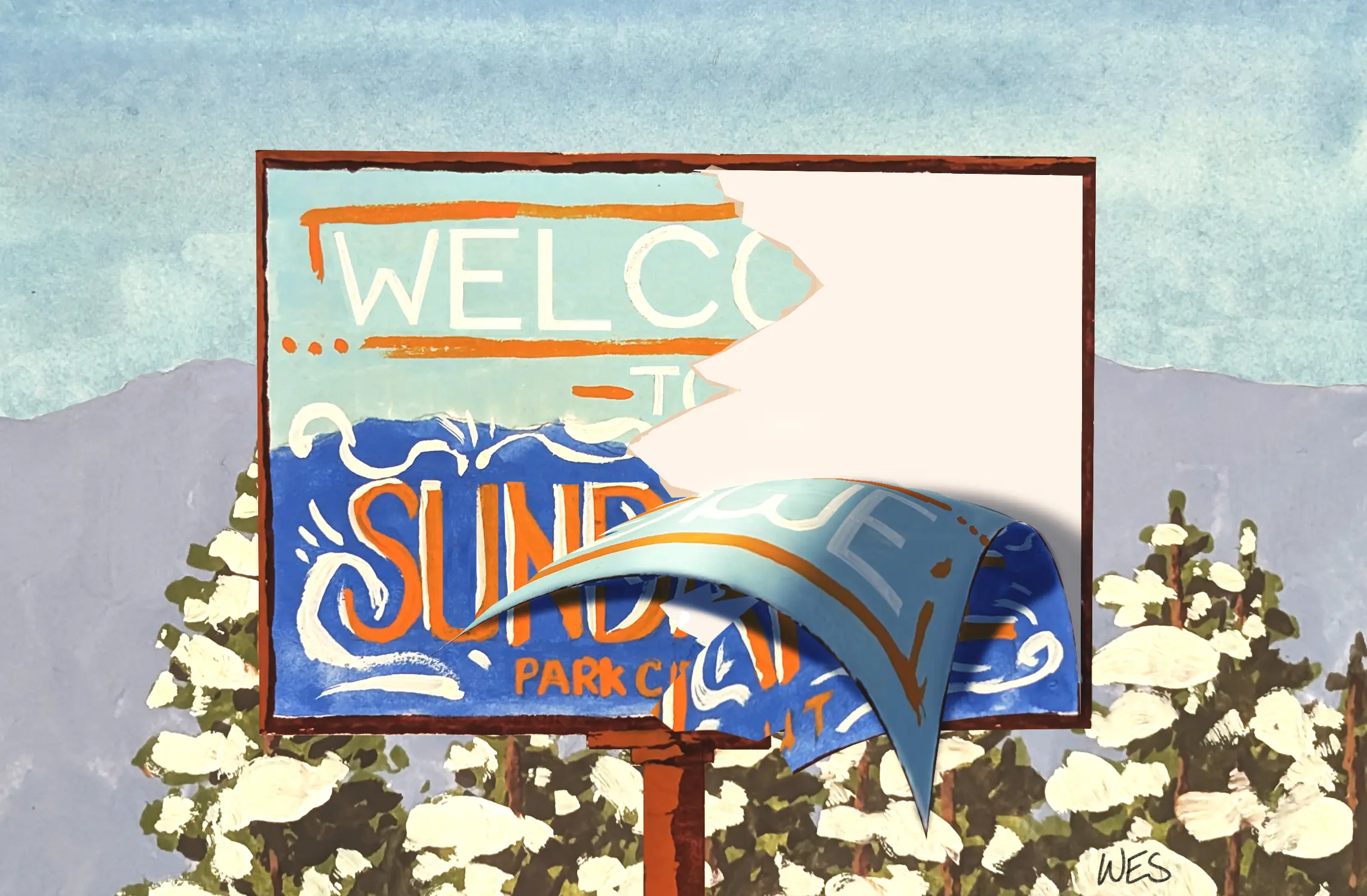 A colorful painting of a peeling welcome sign, obscuring the words "Welcome to Sundance."
