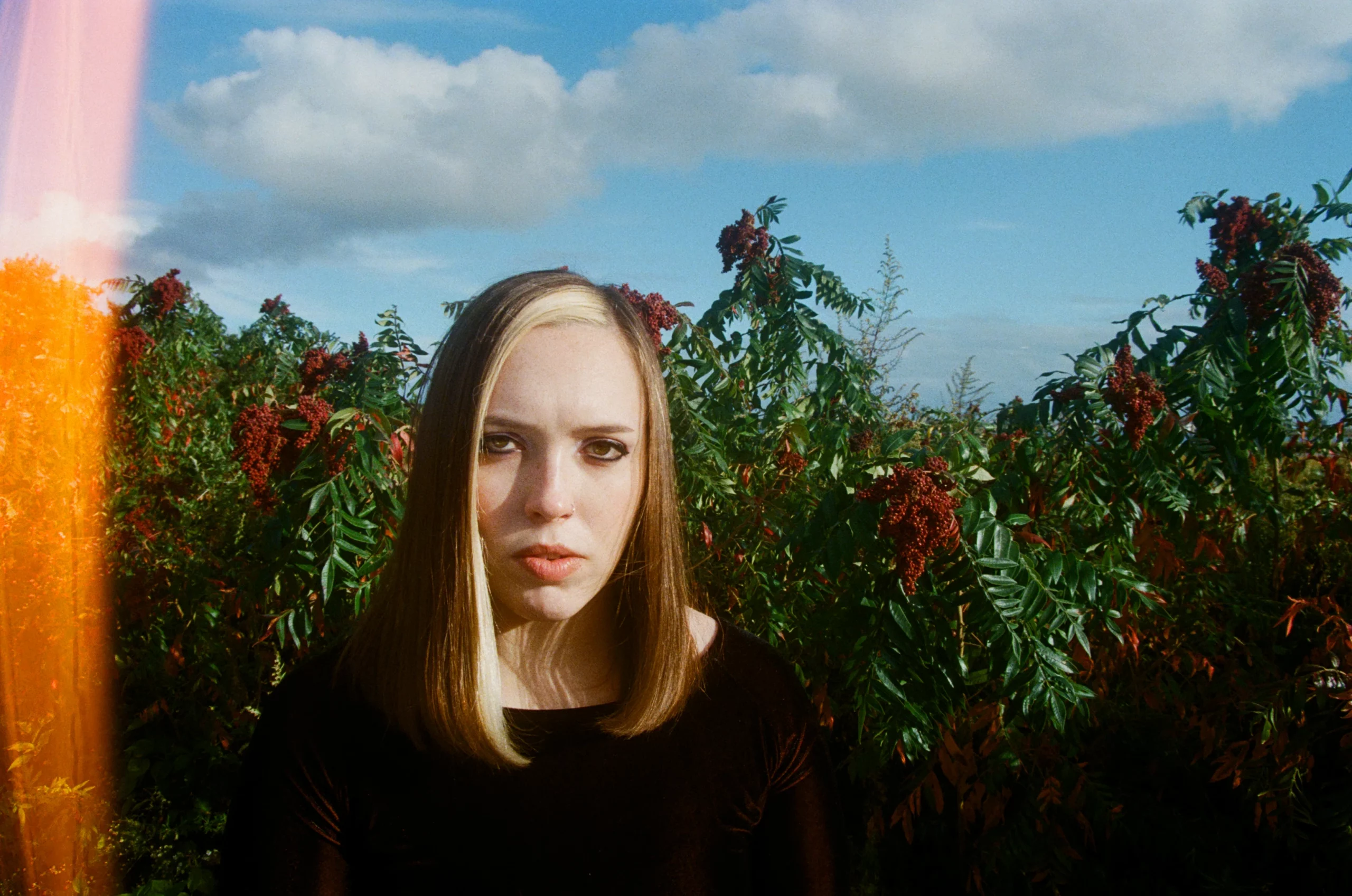 Soccer Mommy (Sophie Allison) stares at camera with a bush behind her.