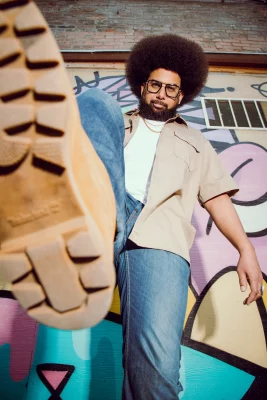 Sam Miller showing off his Timberland boots.