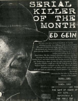 A magazine spread shows the face of killer Ed Gein. 