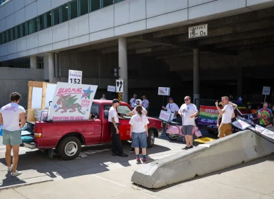 Buzzing with excitement as we get set up to walk for Pride. Photo: TaCara DeTevis.